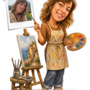 Caricatura sagoma in legno su piedistallo